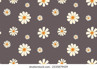 A repeating pattern of stylized white daisies with yellow centers on a dark gray background.