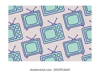 Repeating pattern teal purple retro television illustrations on a light gray vintage