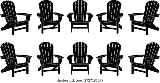 Un patrón repetitivo de diez sillas tradicionales Adirondack en silueta negra, dispuestas en dos filas ordenadas sobre un fondo blanco puro.
