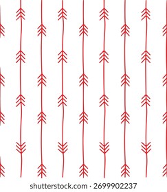 A repeating pattern of thin, red, hand-drawn arrows pointing upwards on a clean white background.