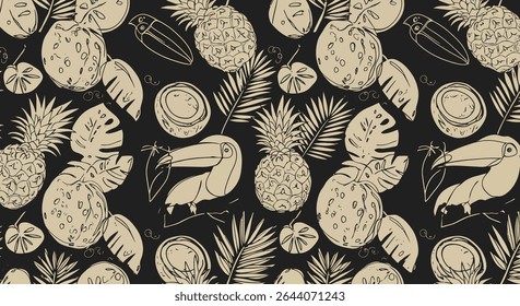 Um padrão repetitivo de tucanos, abacaxis, cocos e folhas de palmeira em tons beges. O design evoca uma sensação tropical, de verão.