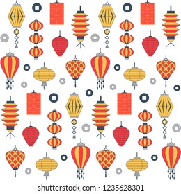 Repeating pattern with traditional chinese paper lanterns and lamps. New Year and Spring festival decoration, oriental lantern seamless background for wrapping paper and print on textile or fabric.