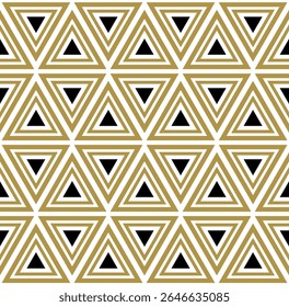 A repeating pattern of triangular shapes in a gold and black color scheme, suitable for backgrounds or decorative purposes.