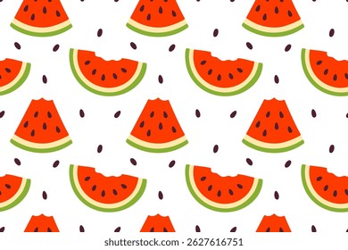 Repeating pattern of triangular watermelon slices with visible black seeds on a white background
