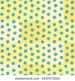 A repeating pattern of turquoise-blue flowers with yellow centers, arranged over a checkerboard background of soft cream and yellow squares, creating a vibrant and playful design