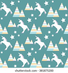 repeating pattern with unicorns, hills and stars