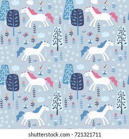 Repeating Pattern with Unicorns, Trees and Flowers.