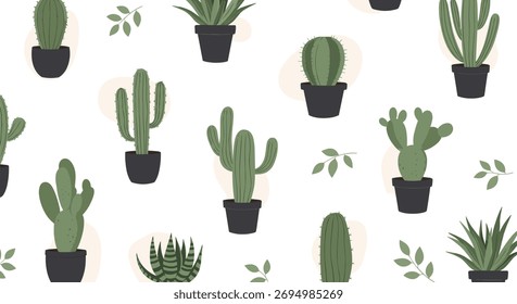 Um padrão repetitivo de várias plantas cactos e suculentas em vasos pretos, com formas de fundo de cor neutra e pequenas folhas verdes espalhadas.