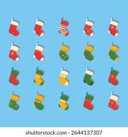 Repeating pattern of various colorful Christmas stockings.  The stockings are presented in a flat design style against a light blue background, each with different patterns and colors.