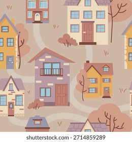 Padrão repetitivo de várias casas coloridas e árvores em estilo gráfico plano em um fundo bege. Conceito de bairro e vida urbana. Ilustração vetorial