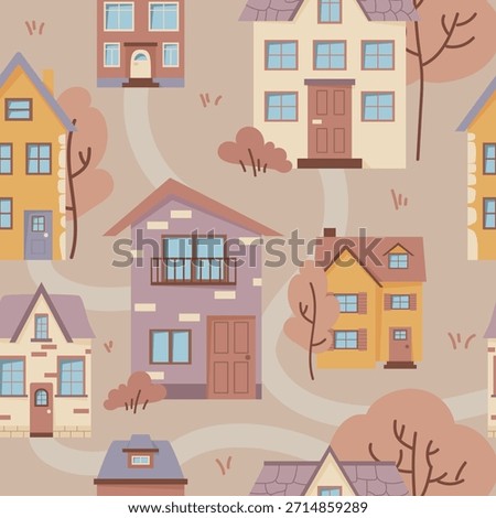 Repeating pattern of various colorful houses and trees in flat graphic style on a beige background. Concept of neighborhood and urban living. Vector illustration