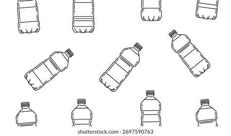 Padrão repetido de várias garrafas plásticas vazias, destacando a semelhança e o impacto ambiental dos plásticos descartáveis.
