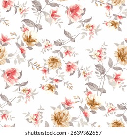 A repeating pattern of various flowers and leaves. The flowers are a mix of light beige tan, pale peach coral, and light pinkish red hues. The leaves are a muted gray green color.