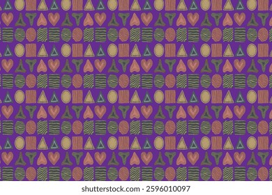A repeating pattern of various geometric shapes – triangles, squares, circles, and hearts – are rendered with a hand-drawn, textured style.