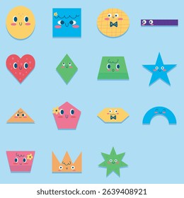 Repeating pattern of various geometric shapes, each with a cheerful cartoon face.  The shapes include circles, squares, rectangles, hearts, stars, triangles, pentagons, and other polygons.  