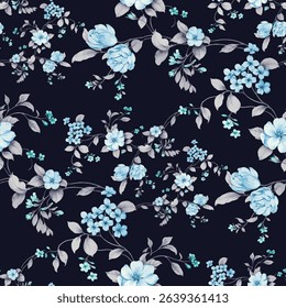 A repeating pattern of various light-blue flowers and small sprigs of foliage on a deep navy or black background. The flower shapes include blossoms reminiscent of roses, tulips, and other small.
