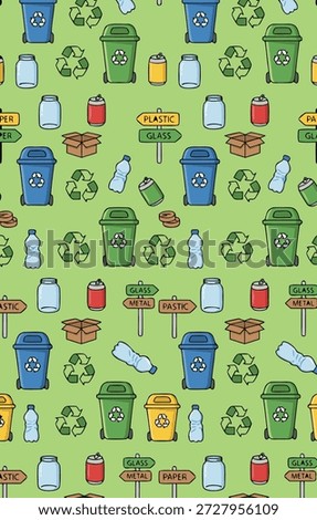A repeating pattern of various recycling bins, bottles, jars, and signs indicating waste types on a green background.