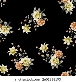 A repeating pattern of various shades of roses and flowers is displayed on a black background. The flowers are detailed, resembling illustrations or digital artwork. 