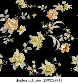 A repeating pattern of various sized roses in shades of light pink, red, cyan, blue, green, yellow colored roses, and small flowers,  on a black background. The roses have detailed petals.