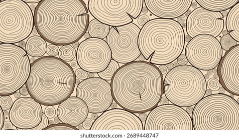 Un patrón repetitivo de secciones transversales de troncos de madera de varios tamaños, que muestra sus anillos de crecimiento natural y texturas.