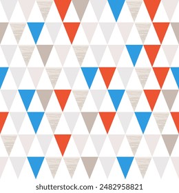 A repeating pattern of various textured pyramid on a white square background. Triangle in all its forms in decor. Scandinavian and vintage motifs, geometric motifs in all interior items.