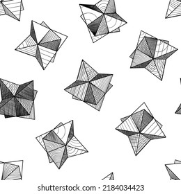 A repeating pattern of various textured volumetric polyhedrons, hand drawn on a white square background. Metageometry. Geometric art. Used for printing on paper, fabric, packaging, wallpaper. Eps10.