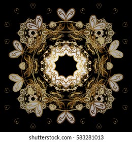 Repeating Pattern. Vector design. Christmas Stylized Golden snowflakes on a black Background.