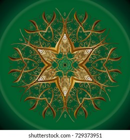 Repeating Pattern. Vector design. Christmas Stylized Golden snowflakes on a colorfil background.