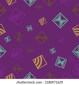 A repeating pattern vector design illustration with geometric tech shapes . colors include purple, blue and yellow.