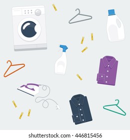 Repeating pattern, vector illustration of laundry items: washing machine, clothes hangers, detergent, stain remover, shirts, iron,and clothes pegs in flat style