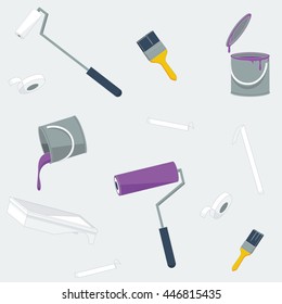 Repeating pattern, vector illustration of redecorating items: rollers, paint brushes, paint tins, paint tray and masking tape in flat style