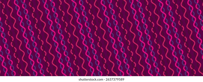 A repeating pattern of vertical, wavy, intertwined lines. The color palette consists primarily of dark magenta or purple for the background, with the lines in shades of pink, and blue.