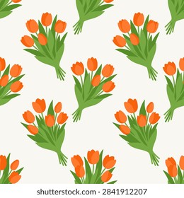 A repeating pattern of vibrant orange tulip flower bouquets