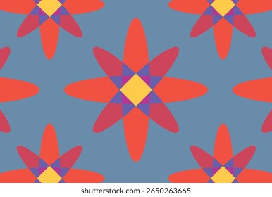 Repeating pattern of vibrant, stylized floral shapes in orange, red, purple, and yellow.