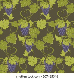 Repeating pattern with vines and bunches of grapes.