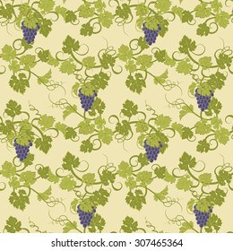Repeating pattern with vines and bunches of grapes.