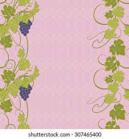 Repeating pattern with vines and bunches of grapes.