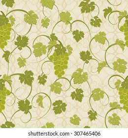 Repeating pattern with vines and bunches of grapes.