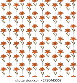 A repeating pattern of vivid orange lilies with green stems on a white background. Perfect for fabrics, wallpapers, gift wrap, and decorative projects, offering a fresh, botanical vibe.