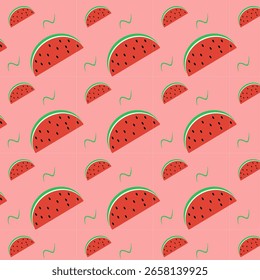Repeating pattern of watermelon slices with seeds on a pink background.