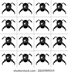 A repeating pattern of welding masks and torches in black and white.