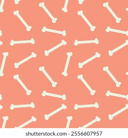 A repeating pattern of white cartoon-style bones on a coral-colored background. The bones are evenly spaced and oriented in various directions, creating a playful and whimsical design.