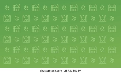 A repeating pattern of white crescent moons and mosques on a gradient background transitioning from a darker to a lighter shade of green. The pattern is symmetrical and creates a sense of rhythm and h