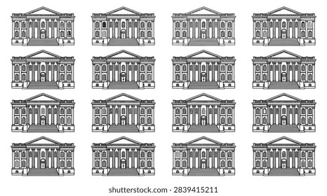 A repeating pattern of the White House building illustration in black and white