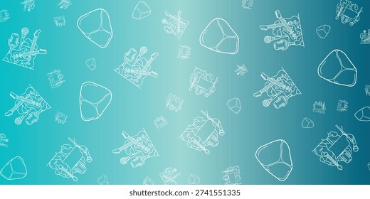 A repeating pattern of white line drawings of musical instruments and guitar picks on a blue gradient background.