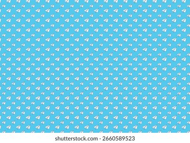 A repeating pattern of white paper airplanes with blue outlines is displayed against a solid light blue background. 