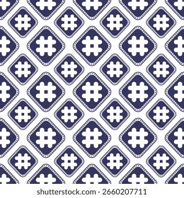 Ein sich wiederholendes Muster aus weißen Quadraten mit abgerundeten Ecken, die jeweils ein blaues Hashtag-Symbol enthalten