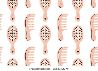 Repeating pattern of wooden hairbrushes and combs in natural beige tones for haircare themes