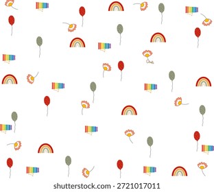 un patrón repetitivo de la palabra "BEBÉ" que se muestra sobre un fondo de color claro, decorado con ilustraciones de globos, arco iris y flores.