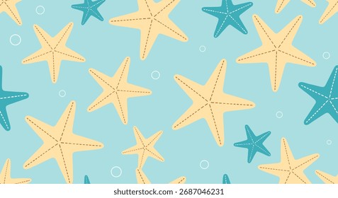 A repeating pattern of yellow and blue starfish with bubbles on a light blue background.